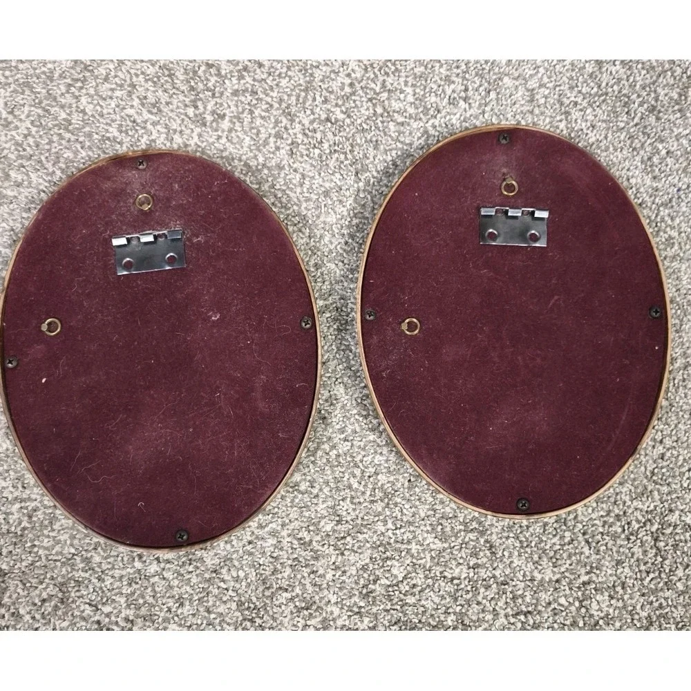 Vintage Framed Needlepoint Colonial Couple Wall Art Set Pair Oval Frames